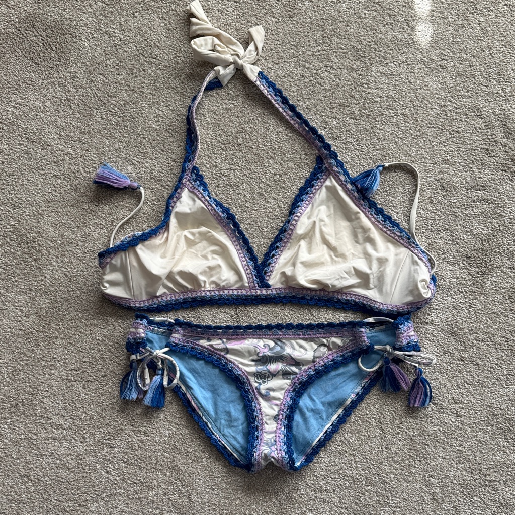 Blue, White And. Lavender Bikini With Crochet Details